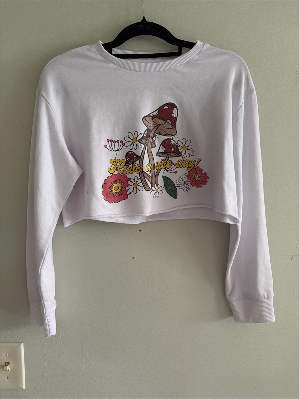 refuge White Cropped Crewneck Sweater with Red Mushroom & Yellow Script